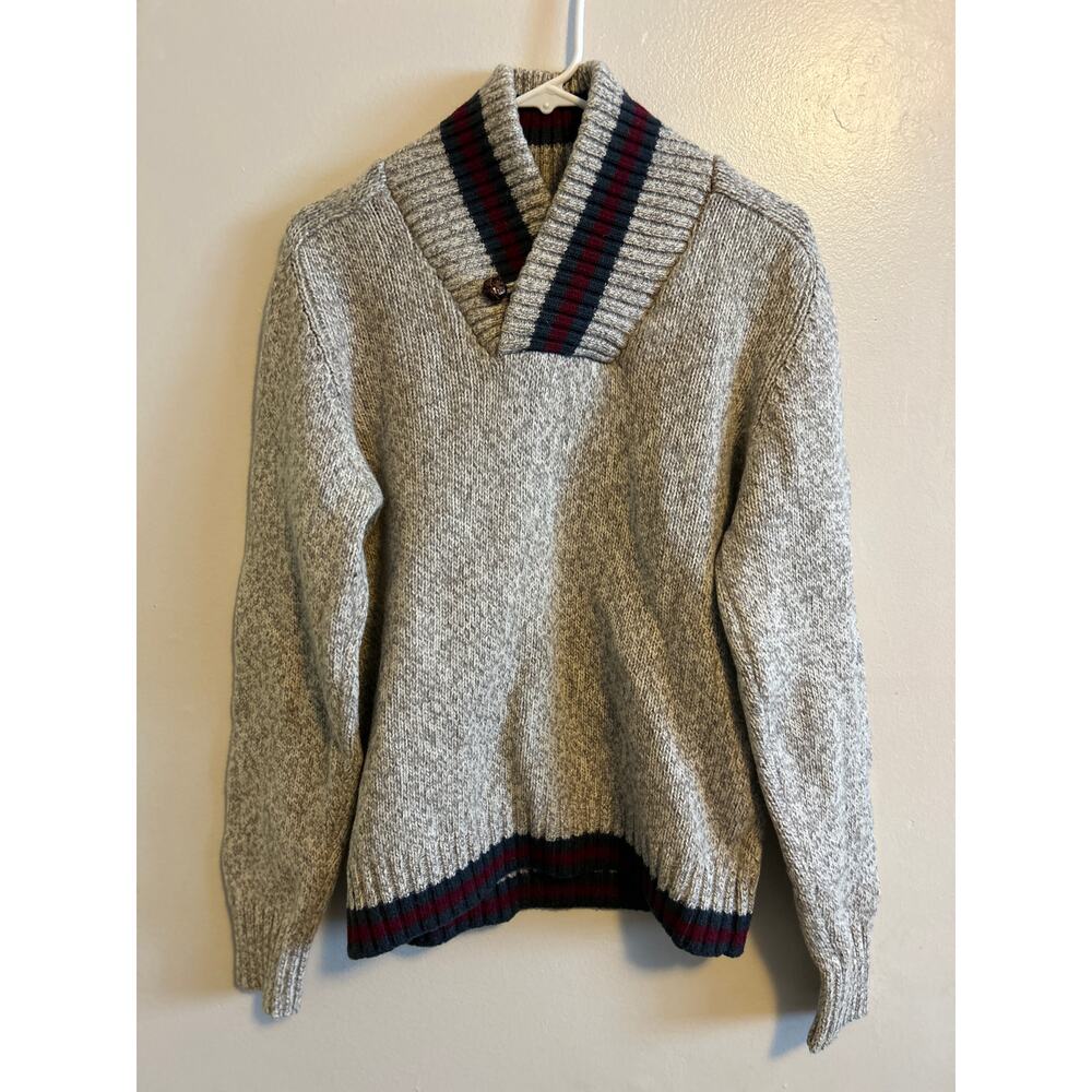 Sierra Designs Wool Shawl Collar Sweater Medium Gray Striped Outdoor